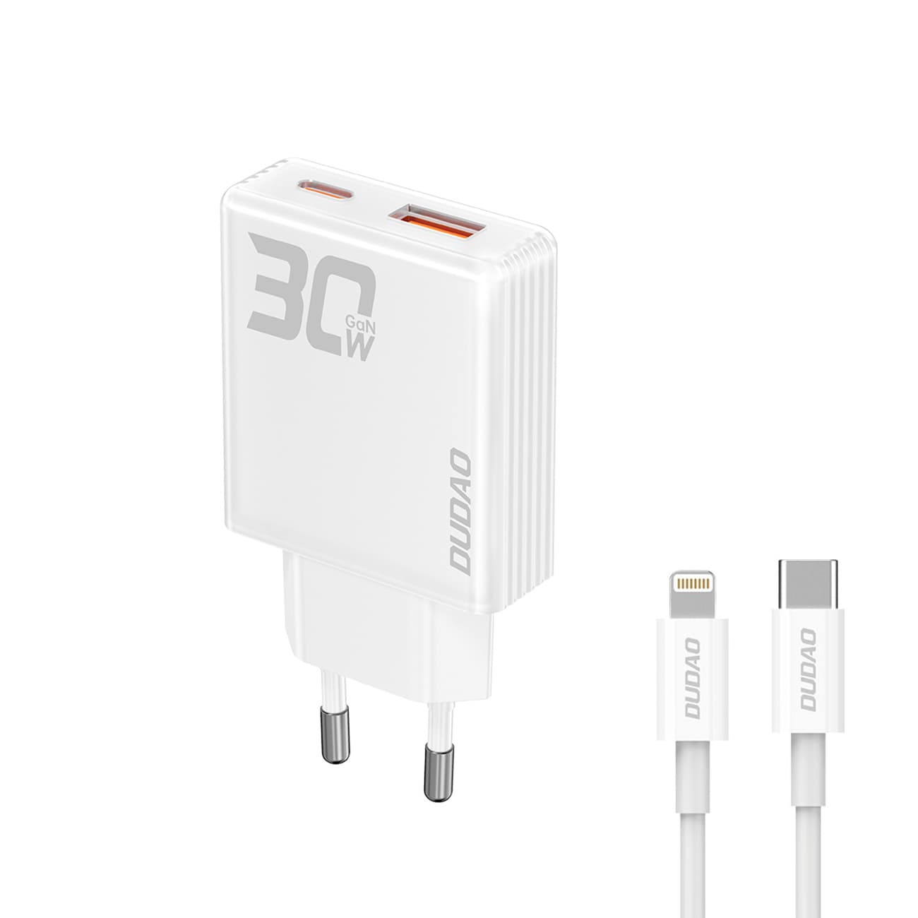 Ładowarka sieciowa GaN A30EUL 30W USB-A USB-C + kabel USB-C - Lightning - biała