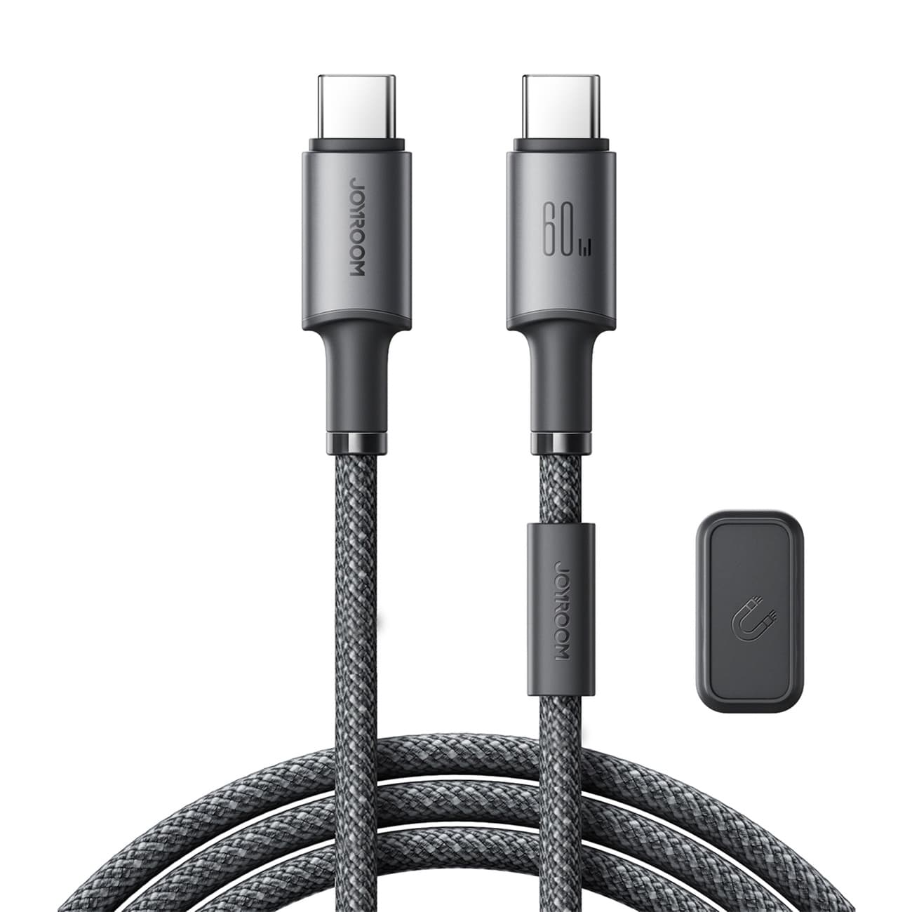 Kabel przewód USB-C - USB-C z organizerem uchwytem magnetycznym 1.2m - szary