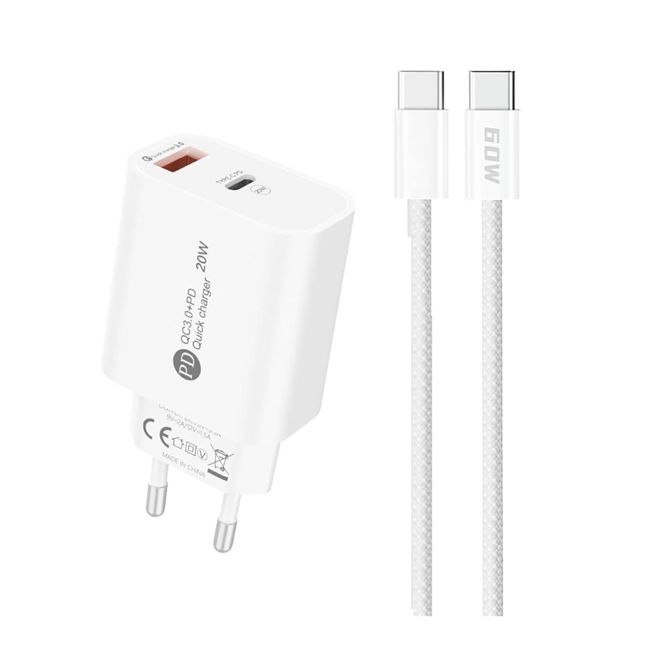 Ładowarka sieciowa 20W USB-A USB-C z kablem USB-C 1m - biała