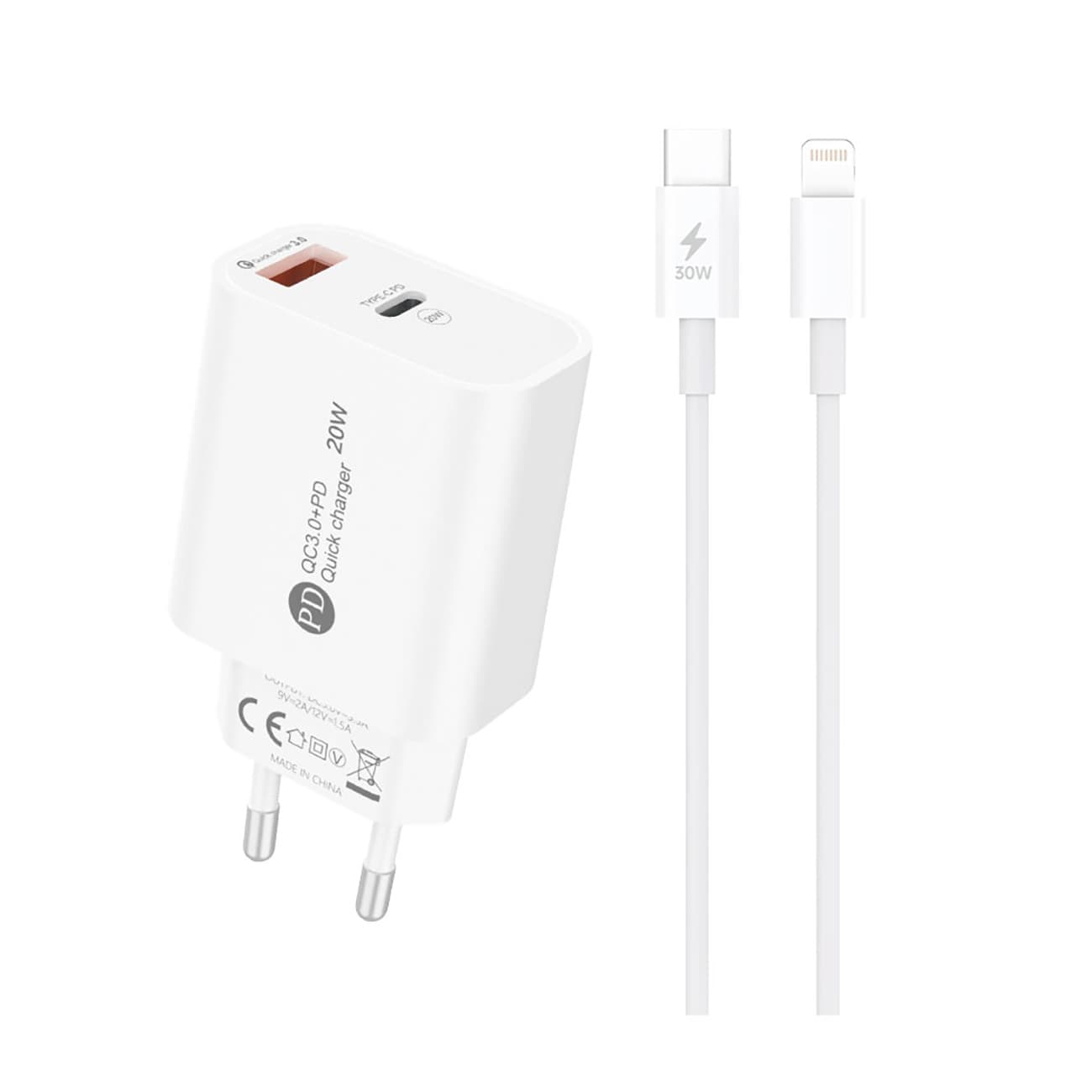 Ładowarka sieciowa 20W USB-A USB-C z kablem USB-C - iPhone Lightning 1m - biała