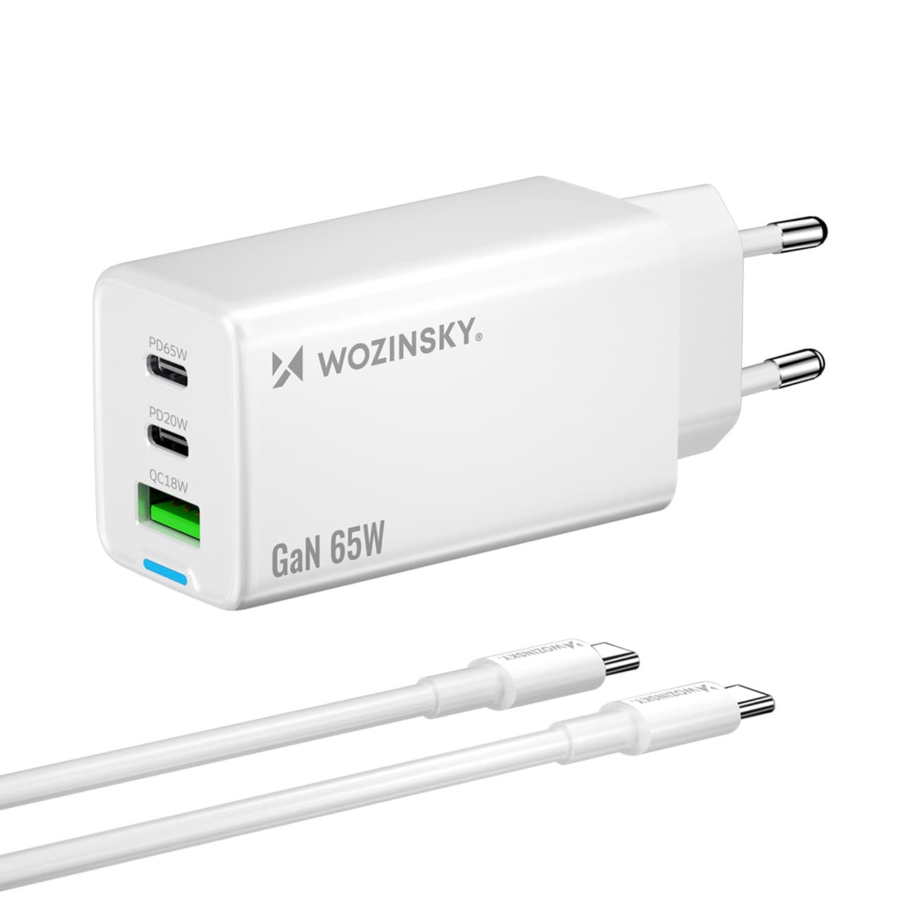 Ładowarka sieciowa GaN USB-A USB-C z kablem USB-C 65W - biała